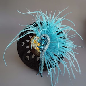 Brooch & earrings heart in Ukrainian colours, Beaded handmsde brooch-embroidered twig with beads and rhinestones,Ukraine colours accessories