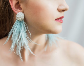 Long wedding earrings with natural ostrich feathers, light blue feather earrings, Prom earrings, Bridal earrings, Long fringe earrings