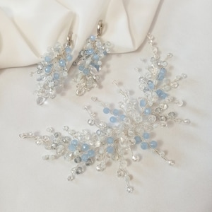 Wedding jewelry set earrings and bridal hairpin, Bridal crystal blue hair branch, Bridal hair jewelry, Long earrings for bride perlonalized image 1