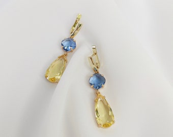 Earrings in Ukrainian colours, Crystal evening earrings blue & yellow colours, Ukraine colours accessories, gift for her
