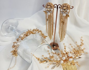 Wedding set of 3 jewelry, bracelet, long chain earrings & bridal hairpin, Golden bridal set, rhinestone earrings for bride,perlonalized gift