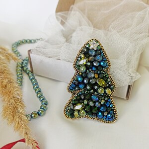 Gift for her, Christmas gift, Gift for mom, Beaded handmsde brooch - embroidered twig with beads and rhinestones, brooch christmas tree