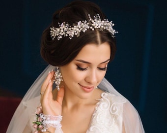 Handmade Crystal Bridal Jewelry Set: Hair Vine and Earrings