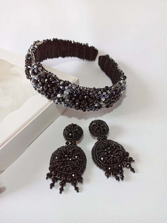 Black Crystal Headband & Earrings Set: Beaded Rhinestone  display picture 2