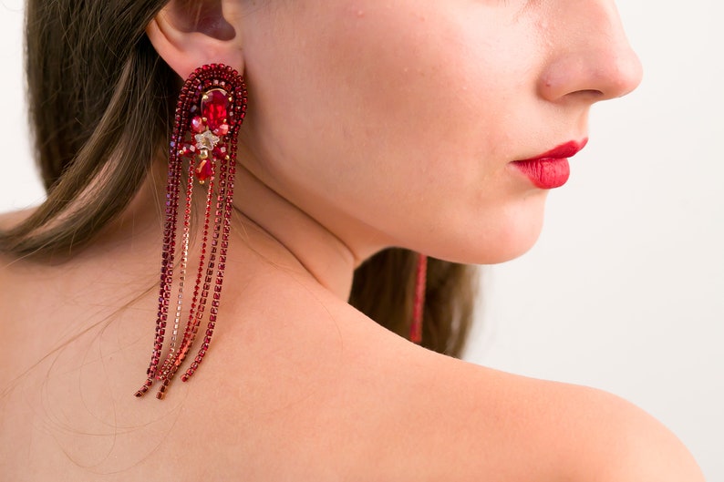 Long chain rhinestones earrings, Red earrings with Swarovski stones, Prom earrings, made of rhinestone chains, Red earrings, gift for women image 3