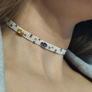 Natural blue quartz stone necklace, Minimalist style jewel necklace gemstone choker, bridesmaid gift, christmas gift White choker