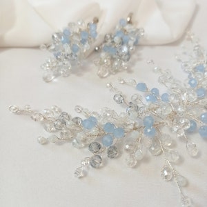 Wedding jewelry set earrings and bridal hairpin, Bridal crystal blue hair branch, Bridal hair jewelry, Long earrings for bride perlonalized image 7