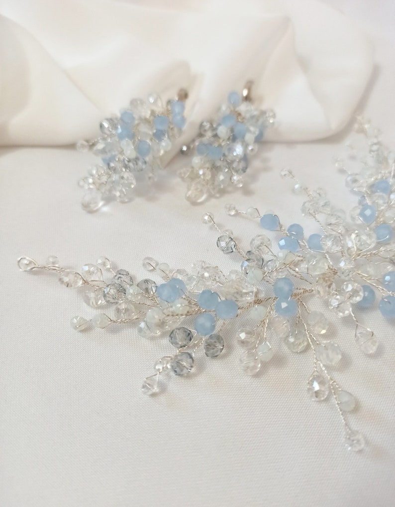 Wedding jewelry set earrings and bridal hairpin, Bridal crystal blue hair branch, Bridal hair jewelry, Long earrings for bride perlonalized image 7