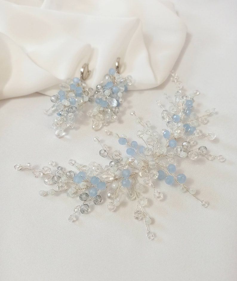 Wedding jewelry set earrings and bridal hairpin, Bridal crystal blue hair branch, Bridal hair jewelry, Long earrings for bride perlonalized image 3