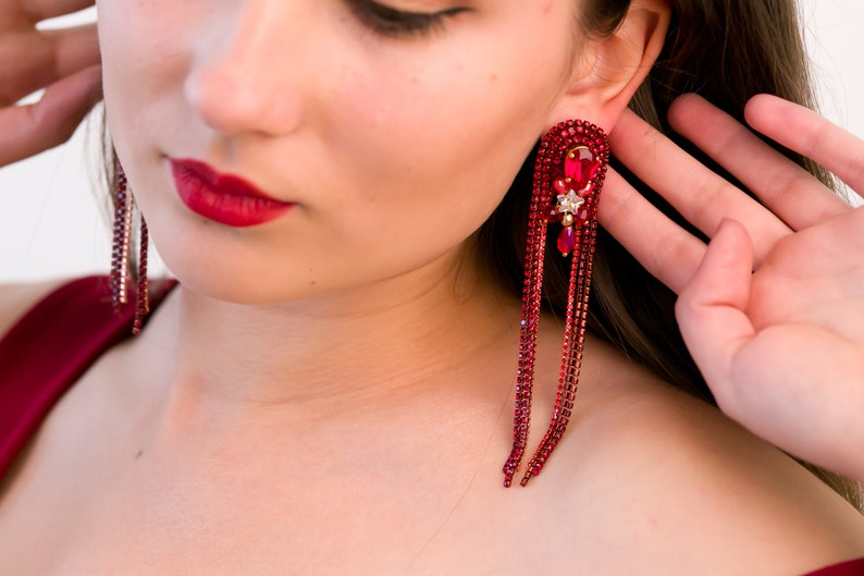 Long chain rhinestones earrings, Red earrings with Swarovski stones, Prom earrings, made of rhinestone chains, Red earrings, gift for women image 2