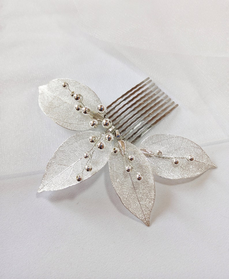 Bridal hair comb gold leaf, Bridal hair branch, Leaf shaped wedding hair comb, Perlonalized wedding accessories image 2