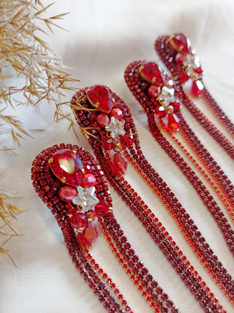 Long chain rhinestones earrings, Red earrings with Swarovski stones, Prom earrings, made of rhinestone chains, Red earrings, gift for women image 7