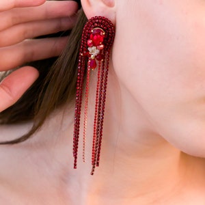 Long chain rhinestones earrings, Red earrings with Swarovski stones, Prom earrings, made of rhinestone chains, Red earrings, gift for women image 4