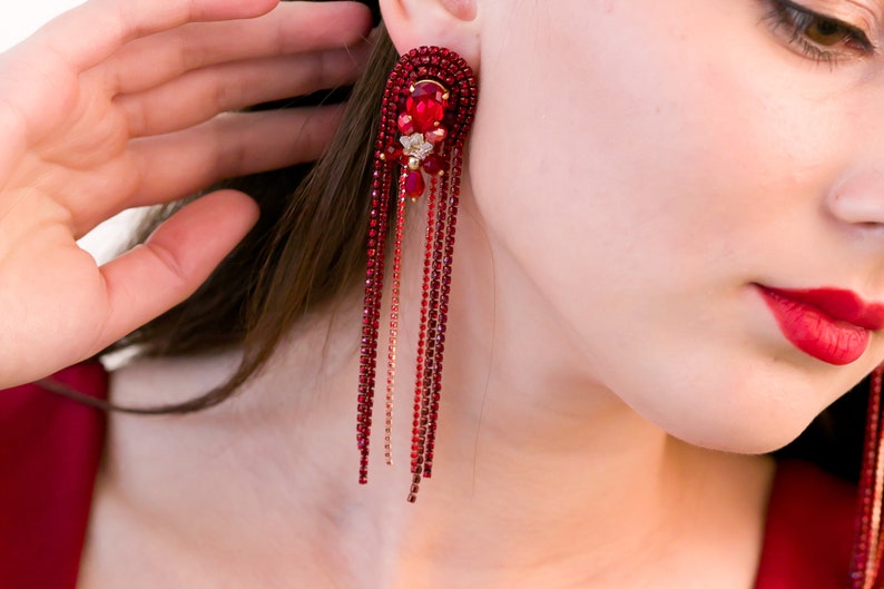 Long chain rhinestones earrings, Red earrings with Swarovski stones, Prom earrings, made of rhinestone chains, Red earrings, gift for women image 4