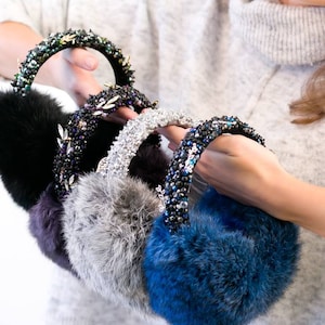 Beaded Ear warmers for women, Rabbit fur Earmuffs emboidered with crystals, Shearling earmuffs, christmas gift