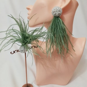 Long wedding earrings with natural ostrich feathers, light blue feather earrings, Prom earrings, Bridal earrings, Long fringe earrings