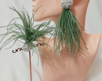 Long wedding earrings with natural ostrich feathers, light blue feather earrings, Prom earrings, Bridal earrings, Long fringe earrings