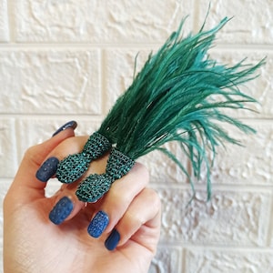 Long earrings with natural ostrich feathers, Color of sea wave feather earrings, Prom earrings, Bridal earrings, Long fringe earrings, gift