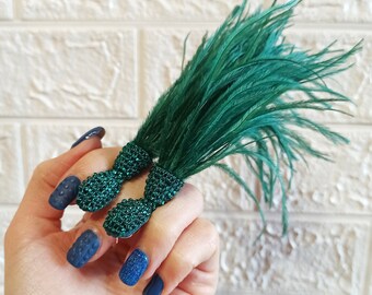 Long earrings with natural ostrich feathers, Color of sea wave feather earrings, Prom earrings, Bridal earrings, Long fringe earrings, gift