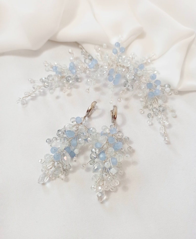 Wedding jewelry set earrings and bridal hairpin, Bridal crystal blue hair branch, Bridal hair jewelry, Long earrings for bride perlonalized image 10