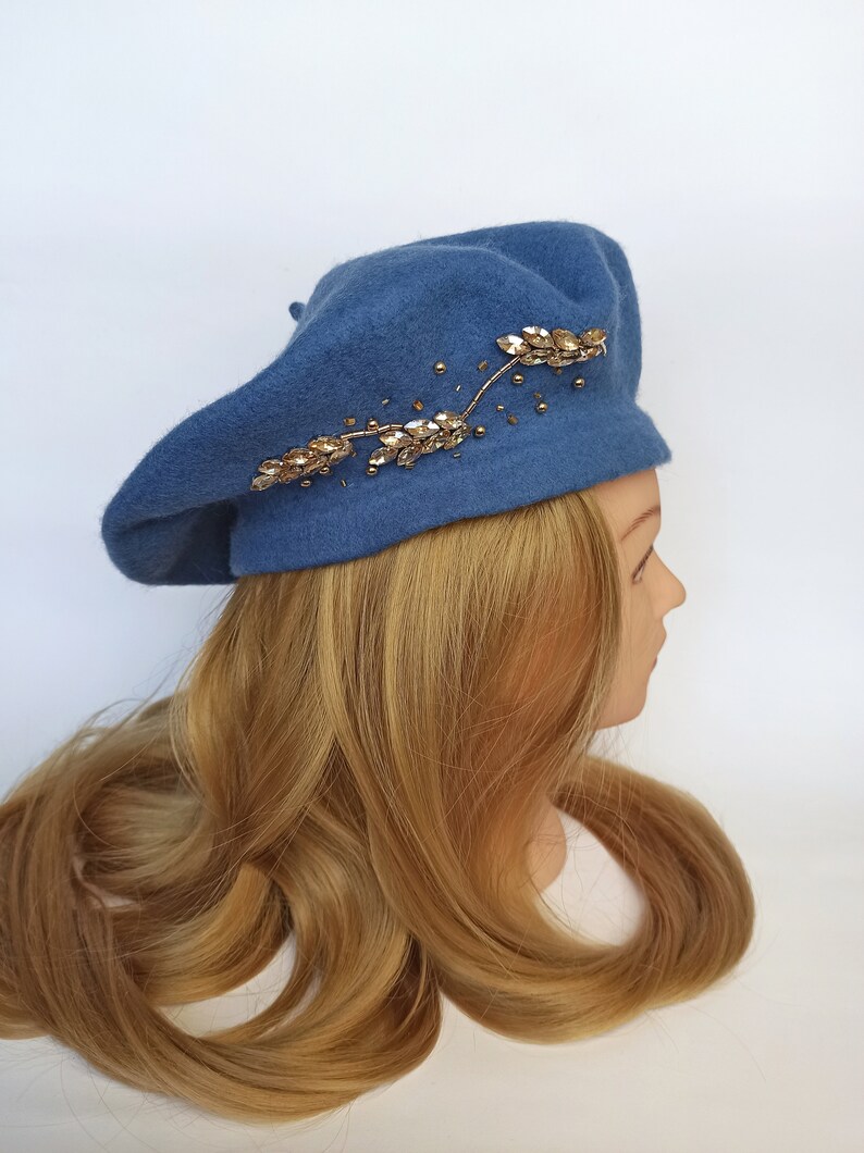 Wol Franse blauwe baret, wollen baret, handgeborduurd 100% Franse winterhoed warme herfst baret, meisje accessoire, cadeau voor haar Blue