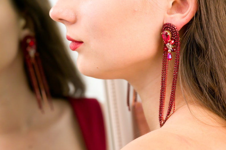 Long chain rhinestones earrings, Red earrings with Swarovski stones, Prom earrings, made of rhinestone chains, Red earrings, gift for women image 5
