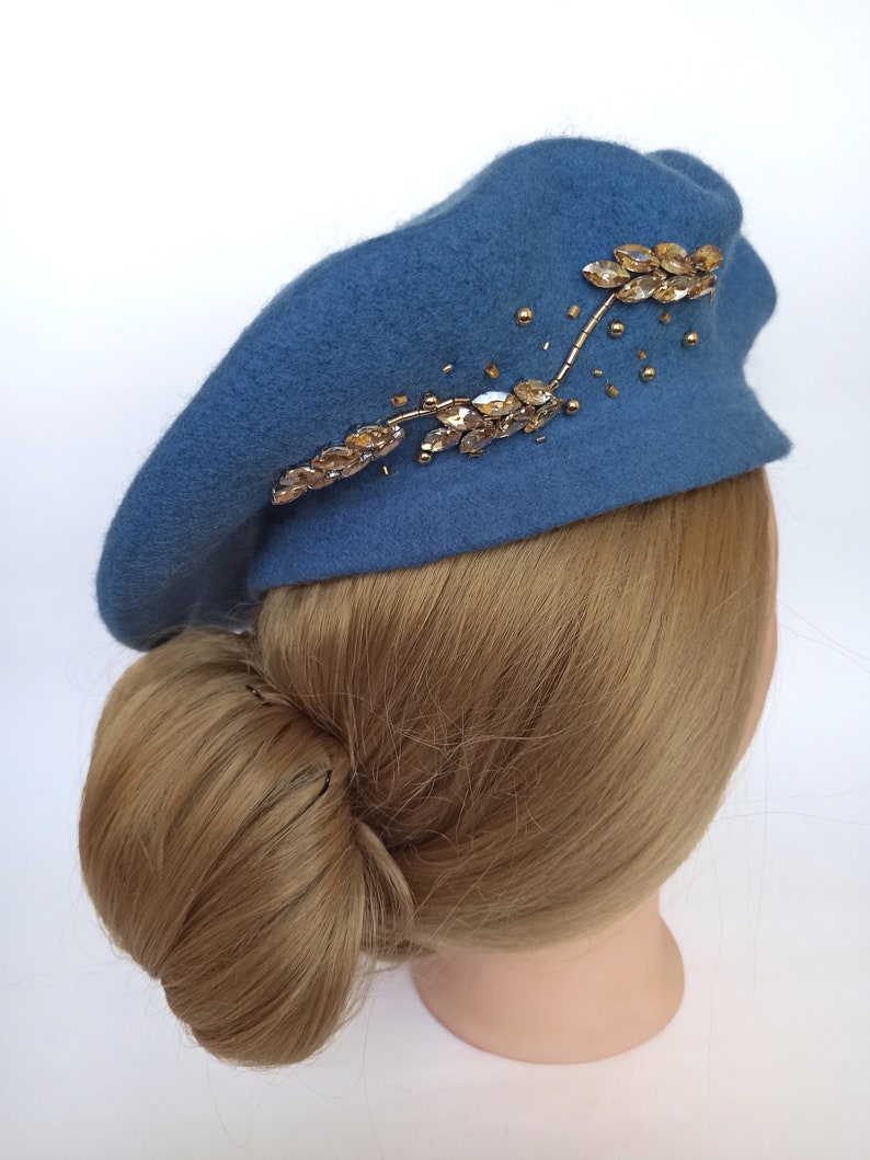Wol Franse blauwe baret, wollen baret, handgeborduurd 100% Franse winterhoed warme herfst baret, meisje accessoire, cadeau voor haar afbeelding 5