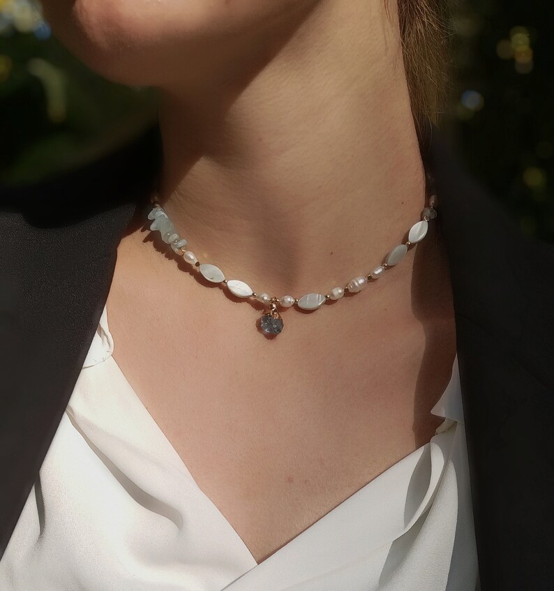 Natural blue quartz stone necklace, Minimalist style jewel necklace gemstone choker, bridesmaid gift, christmas gift image 8