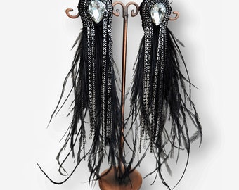 Fancy handmade natural ostrich feather earrings,Long feather earrings, Black colour prom accessories, Long earrings Ksenija Vitali