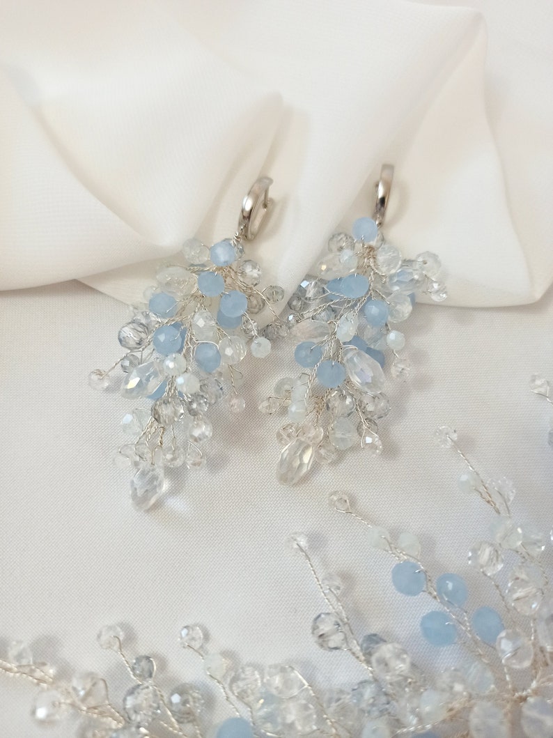 Wedding jewelry set earrings and bridal hairpin, Bridal crystal blue hair branch, Bridal hair jewelry, Long earrings for bride perlonalized image 8