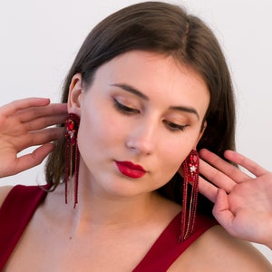 Long chain rhinestones earrings, Red earrings with Swarovski stones, Prom earrings, made of rhinestone chains, Red earrings, gift for women image 1