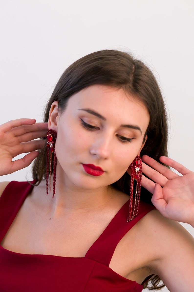 Long chain rhinestones earrings, Red earrings with Swarovski stones, Prom earrings, made of rhinestone chains, Red earrings, gift for women image 1