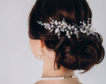 Crystal pearl wedding hair branch, Wedding headpiece veil, Wedding hair wreath, Bridal hair vine, Bridal Back Headpiece,Bridesmaid accessory