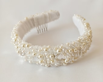 White pearl Hair hoop is embroidered with Swarovski crystals, rhinestones & pearls, Wedding hair band, Crystal headband, weddind gift