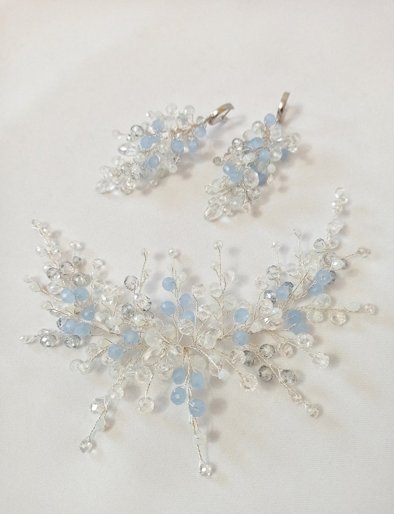 Wedding jewelry set earrings and bridal hairpin, Bridal crystal blue hair branch, Bridal hair jewelry, Long earrings for bride perlonalized image 6