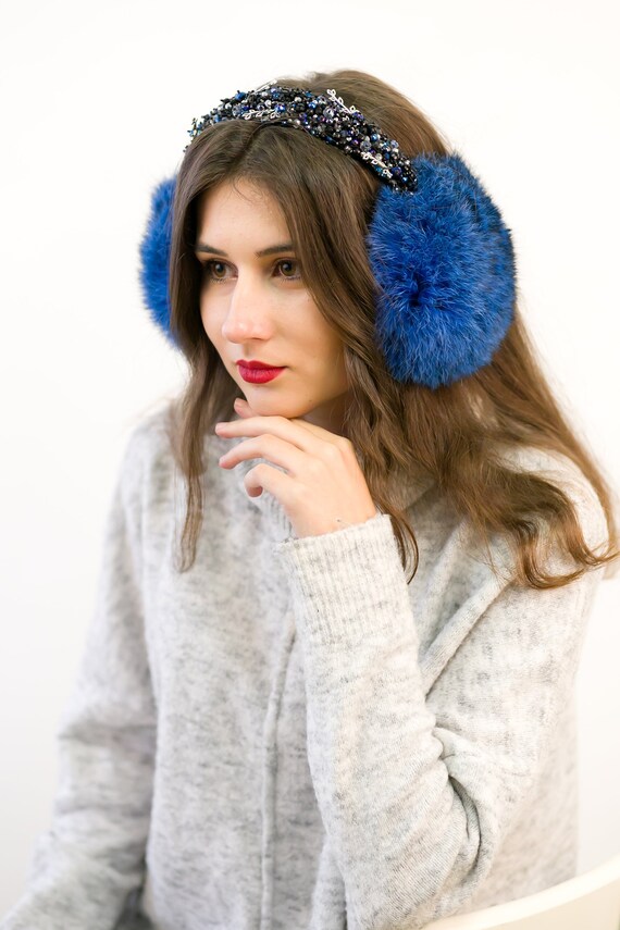 Blue Rabbit Fur Earmuffs: Crystal Embroidered Winter  display picture 1