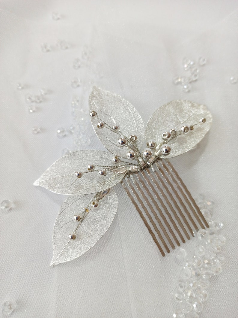 Bridal hair comb gold leaf, Bridal hair branch, Leaf shaped wedding hair comb, Perlonalized wedding accessories image 3