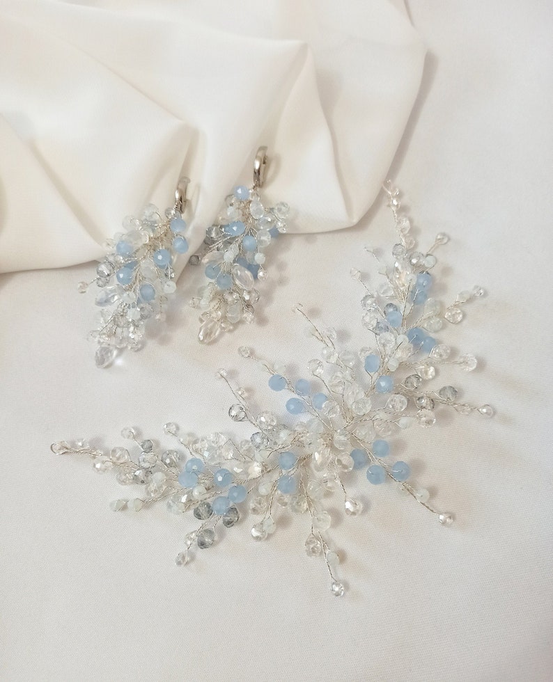Wedding jewelry set earrings and bridal hairpin, Bridal crystal blue hair branch, Bridal hair jewelry, Long earrings for bride perlonalized image 1