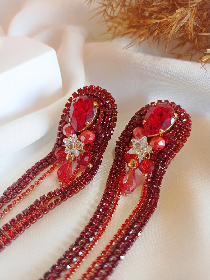 Long chain rhinestones earrings, Red earrings with Swarovski stones, Prom earrings, made of rhinestone chains, Red earrings, gift for women image 6