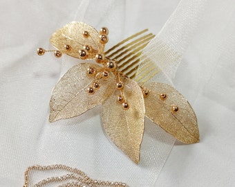 Bridal hair comb gold leaf, Bridal hair branch, Leaf shaped wedding hair comb, Perlonalized wedding accessories