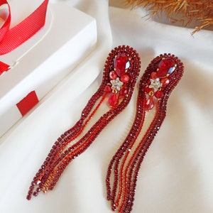 Long chain rhinestones earrings, Red earrings with Swarovski stones, Prom earrings, made of rhinestone chains, Red earrings, gift for women image 8