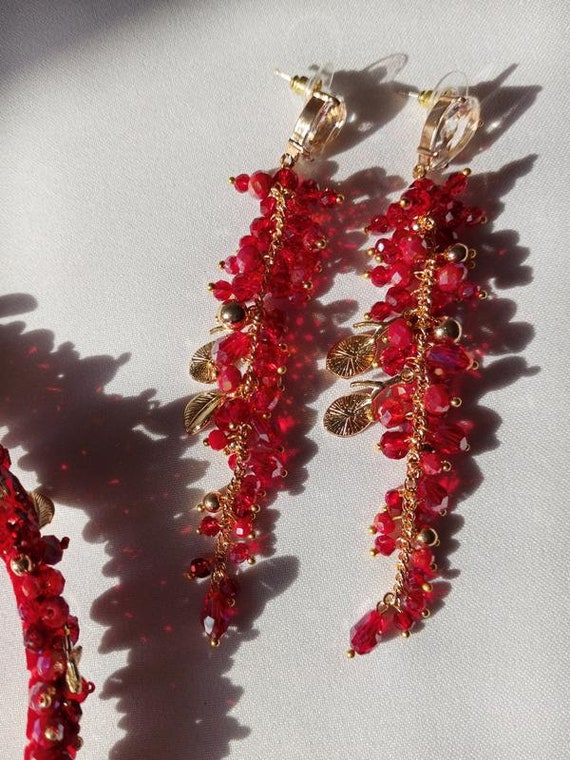 Red Crystal Headband and Earrings Set: Handmade Wedding Hair  display picture 1