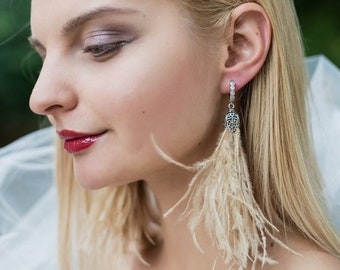 Fancy handmade natural ostrich feather earrings,Long feather earrings, Blue colour prom accessories, Long earrings Ksenija Vitali