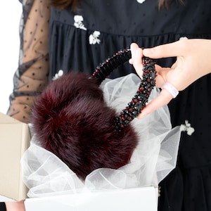 Burgundy & black color winter earmuffs emboidered with crystal besds, Women&#39;s Fall/Winter Fashion, Rabbit fur Winter Accessories, Gift for h