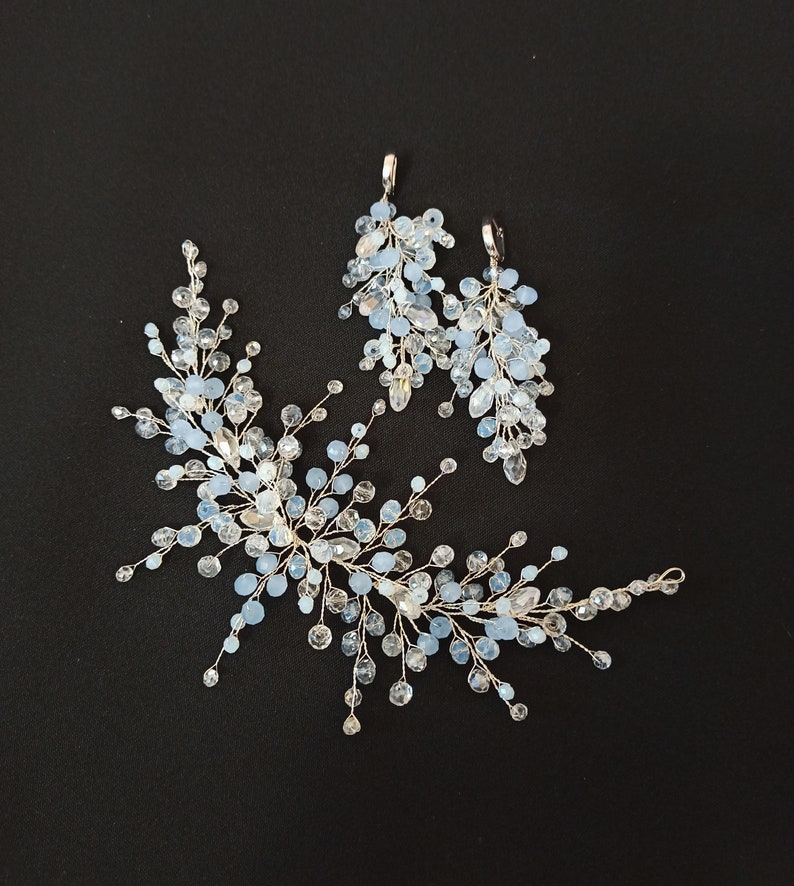Wedding jewelry set earrings and bridal hairpin, Bridal crystal blue hair branch, Bridal hair jewelry, Long earrings for bride perlonalized image 2