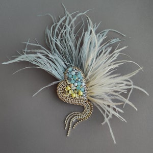 Feathers brooch heart blue-yelow colours, Beaded handmsde brooch-embroidered twig with beads and rhinestones, Ukraine colours accessories