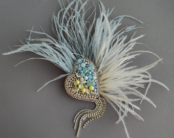 Feathers brooch heart blue-yelow colours, Beaded handmsde brooch-embroidered twig with beads and rhinestones, Ukraine colours accessories