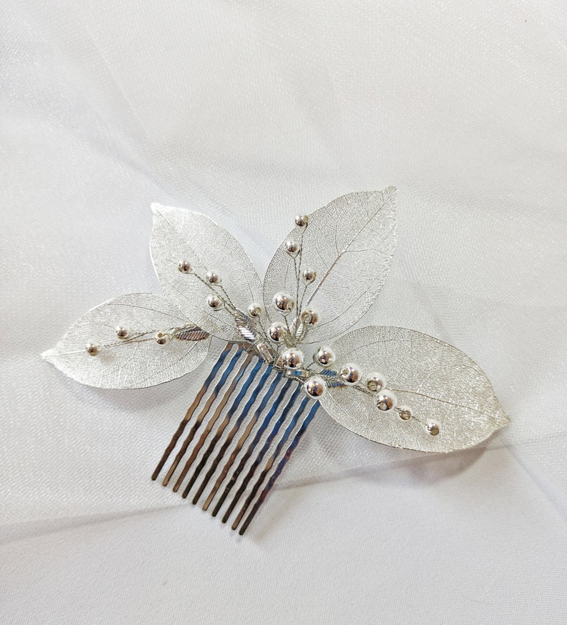 Bridal hair comb gold leaf, Bridal hair branch, Leaf shaped wedding hair comb, Perlonalized wedding accessories image 1