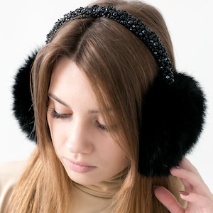 Rabbit fur black colour Earmuffs, Winter black earmuffs with crystal besds Emboidered hairband, Gift for her, Christmas gift