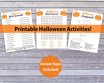 Halloween Printable Activities- Word Search, Cross Word, Word Scramble- Holiday Worksheets